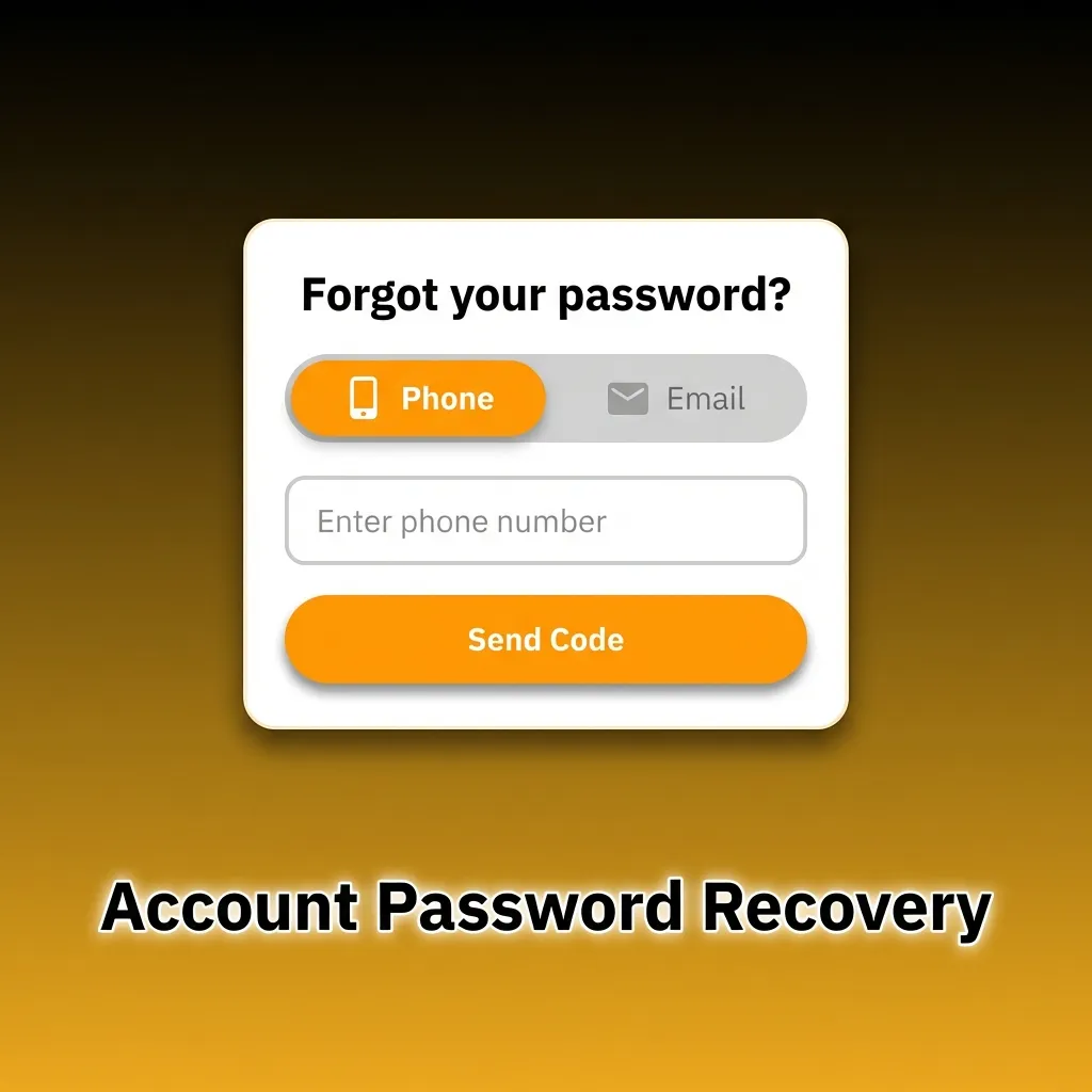 Step-by-step guide showing the account password recovery process from login page to successful reset