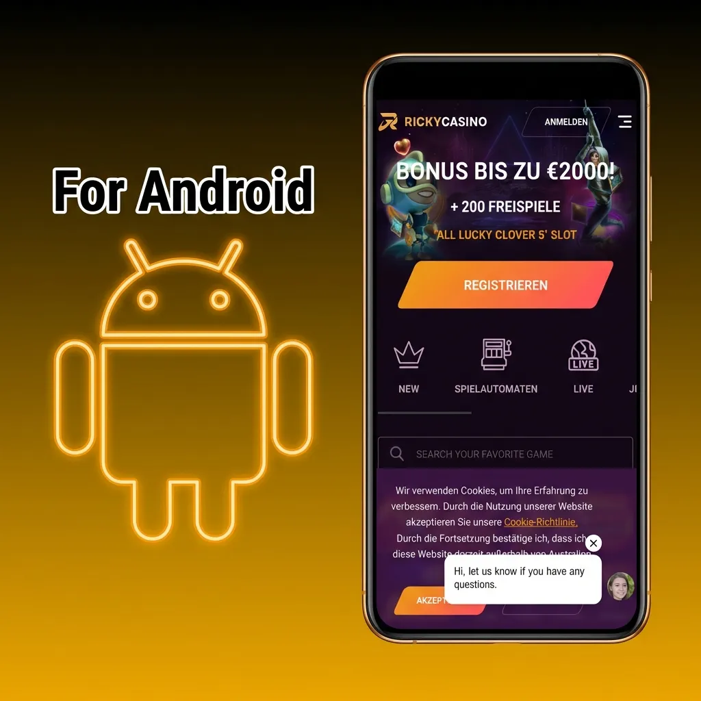 Android app installation guide showing download button and step-by-step setup instructions for Ricky Casino mobile app