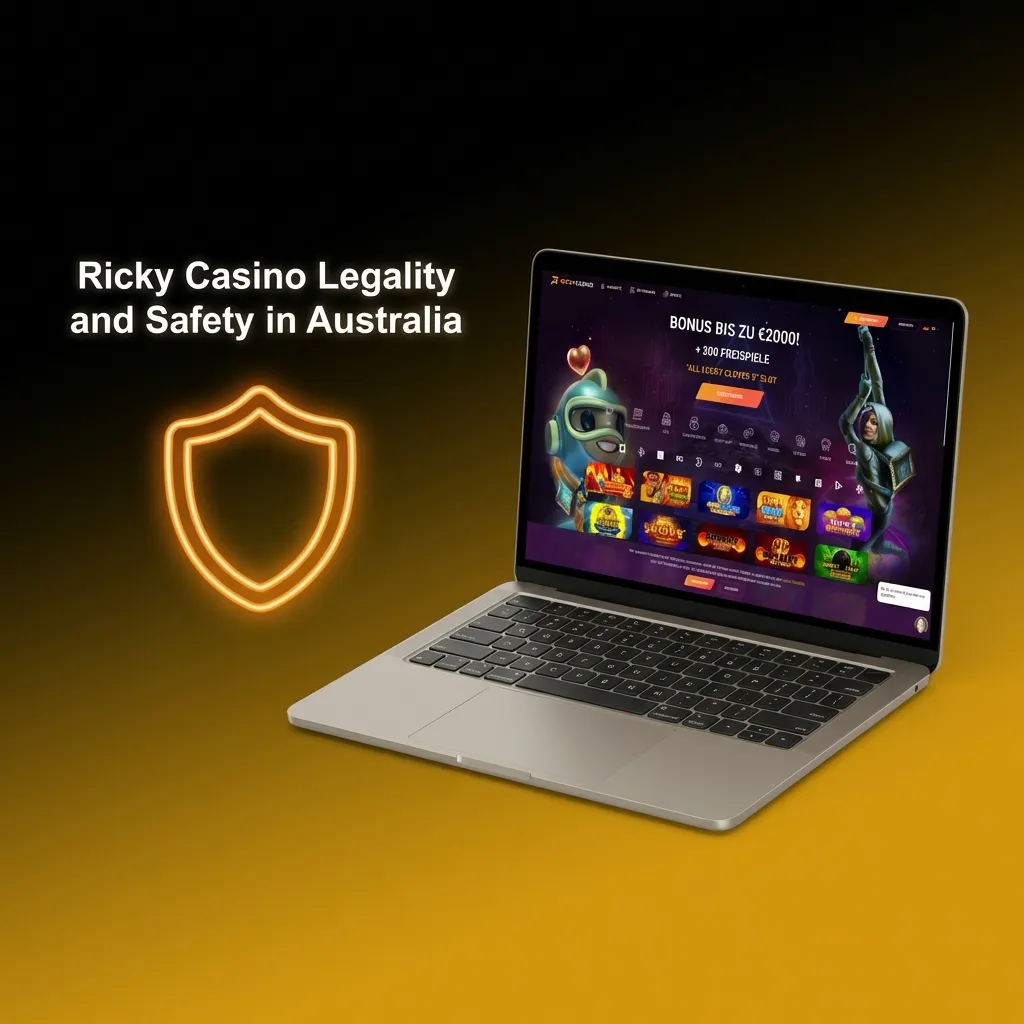 Ricky Casino logo with Curaçao eGaming license badge, SSL encryption icon, and Australian dollar symbol