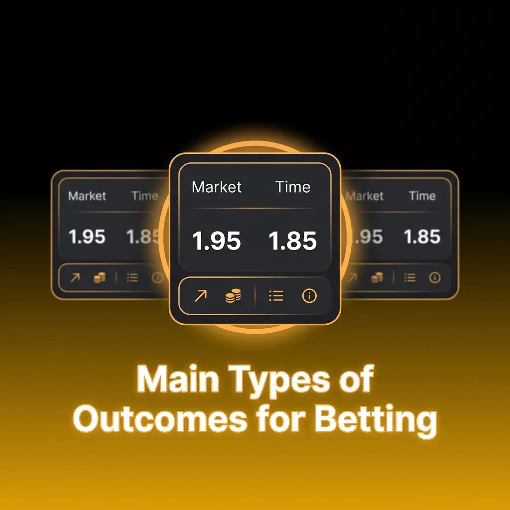 Infographic showing five main betting outcome types: match result, total goals, handicap, scorer bets, and correct score.