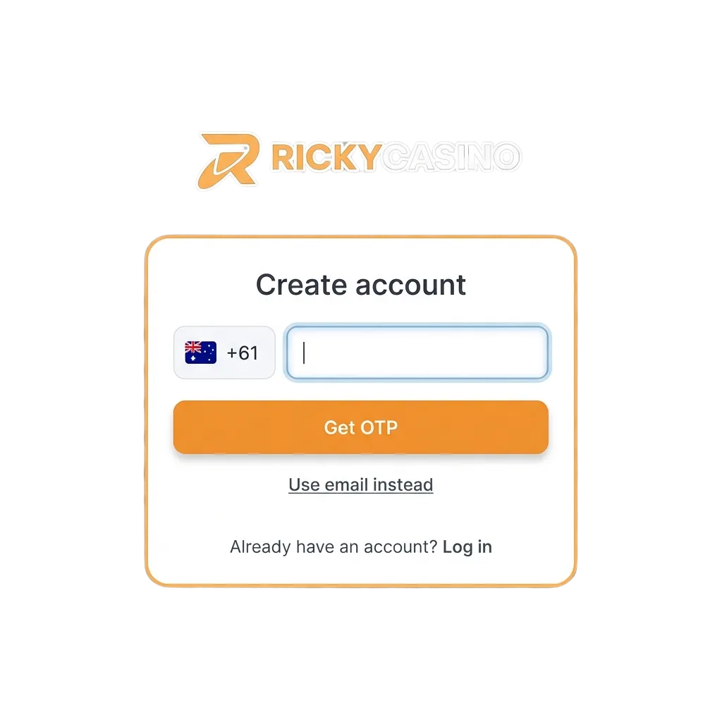 Ricky Casino registration interface showing login form and account verification steps for Australian players