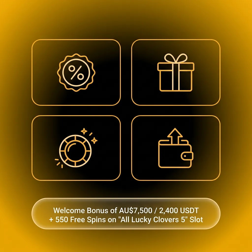 Multi-tiered casino welcome bonus package offering AU$7,500 plus 550 free spins across five deposits for new Australian players